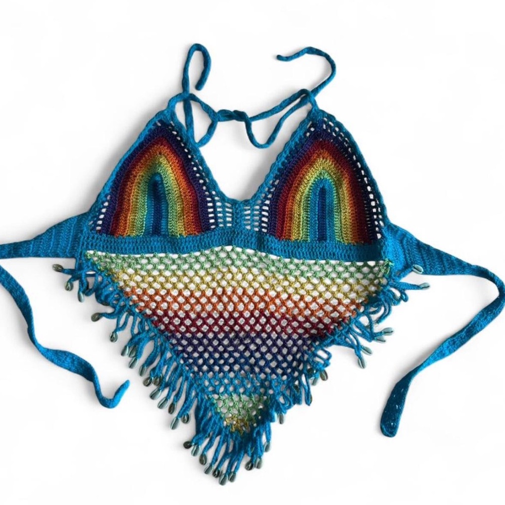 Rainbow crochet top with fringe and shell details 🐚🌈